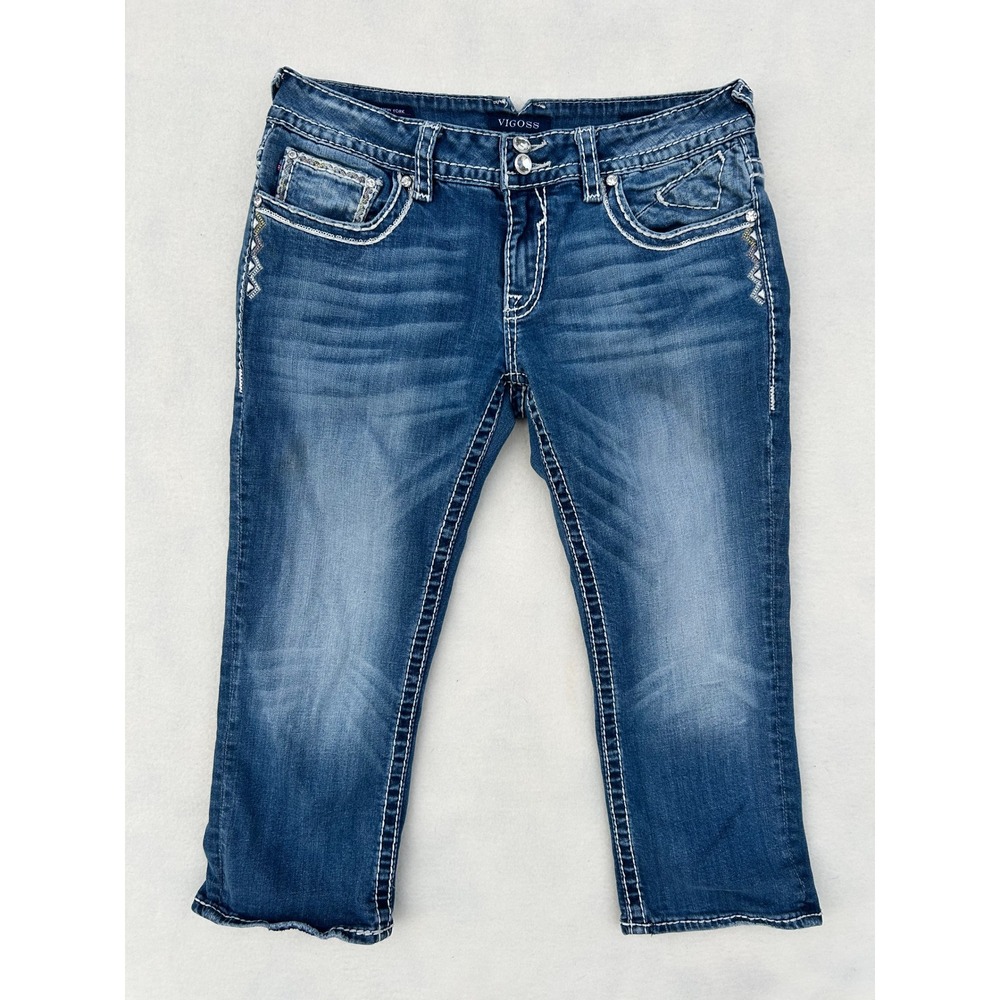 Vigoss The New York Womens 31 Capri Jeans Medium Wash Rhinestone Thick Stitch‎